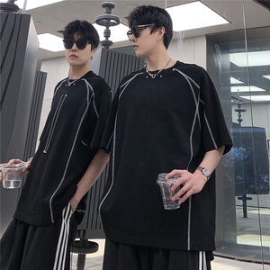 美式男孩明线金属装饰短袖复古时尚半袖打底情侣开衫T802-P38图片