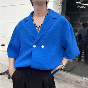 克莱因蓝短袖衬衫男 夏季新款韩版宽松潮流男士华夫饼格休闲衬衣图片
