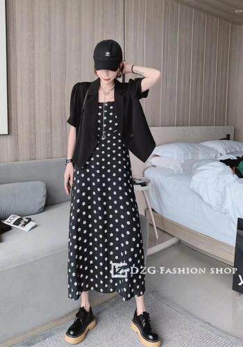 外套波点吊带连衣裙，女装背心吊带，Waves smile