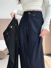 丹宁深蓝阔腿牛仔裤新款秋冬高腰显瘦垂感直筒宽松拖地长裤，女装休闲裤，云美莎专业女裤-全店现货
