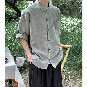 日系复古灯芯绒工装短袖衬衫男宽松休闲衬衣 7108-P38图片