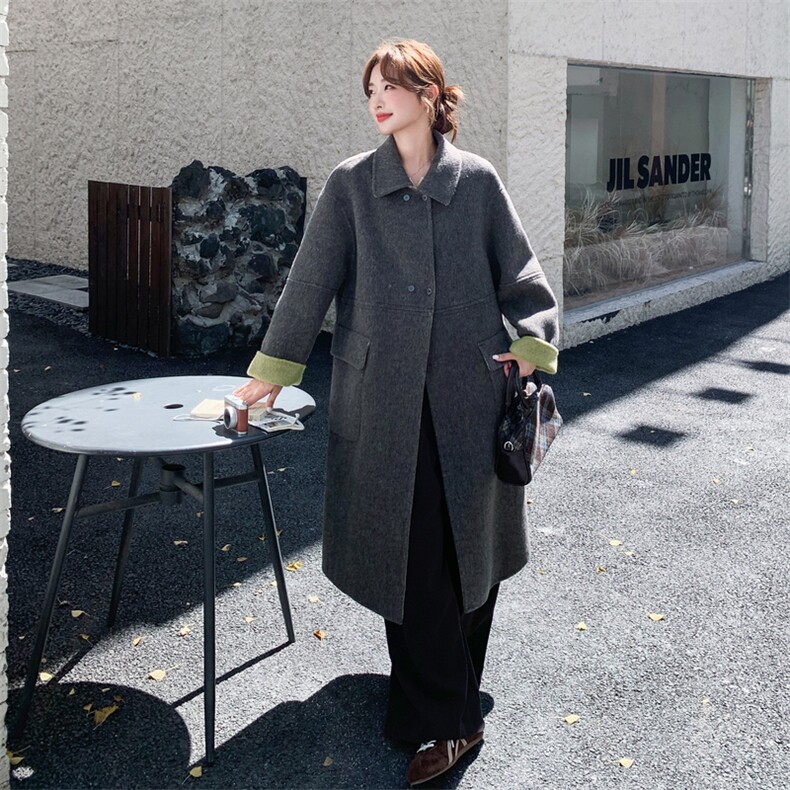 灰色慵懒风翻领双面羊绒大衣女2025冬新款高级感宽松气质毛呢外套,女装毛呢外套,2B187