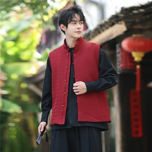 秋冬新品几何提花铜扣马甲风立领无袖大码唐装夹克背心MJ06图片