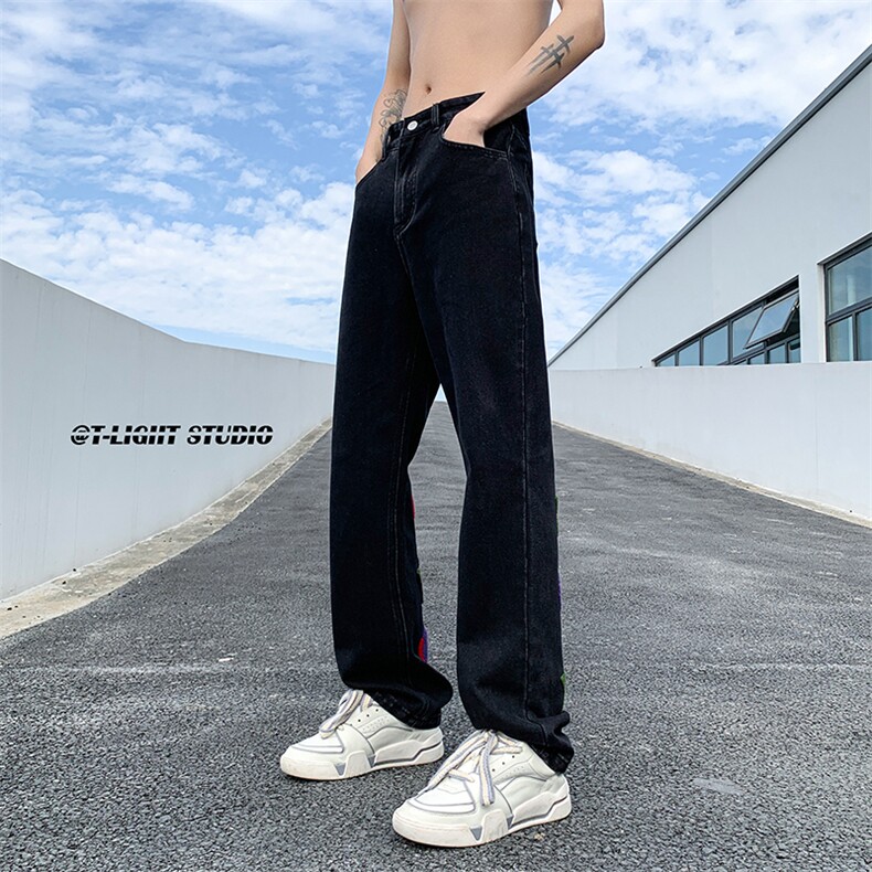 B221美式ins高街暗黑小众情侣毛巾绣直筒牛仔裤LK23021-P65控88,男装牛仔裤,电商B221