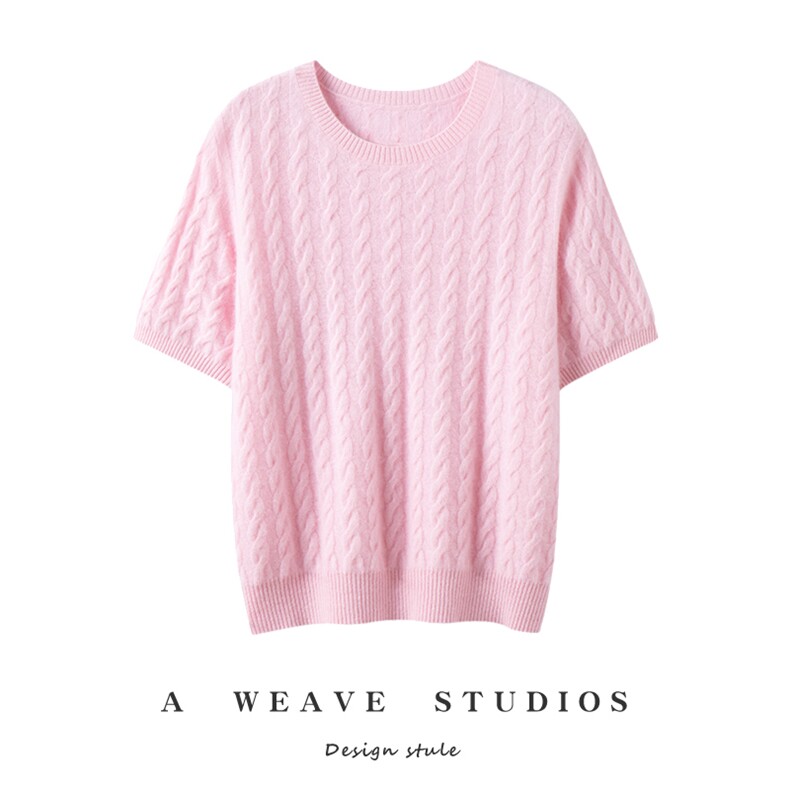 100%纯山羊绒衫女简约针织短袖圆领麻花设计背心内搭毛衣秋冬新款，女装针织衫/毛衣，兴泰羊绒