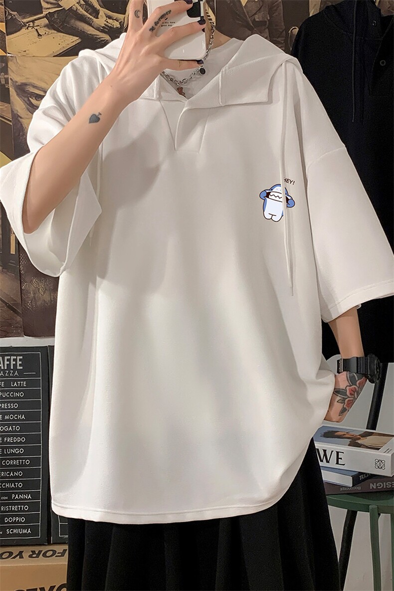 LD54167-P45连帽短袖t恤男大码胖子带帽五分袖中袖海报风,男装T恤,电商A040