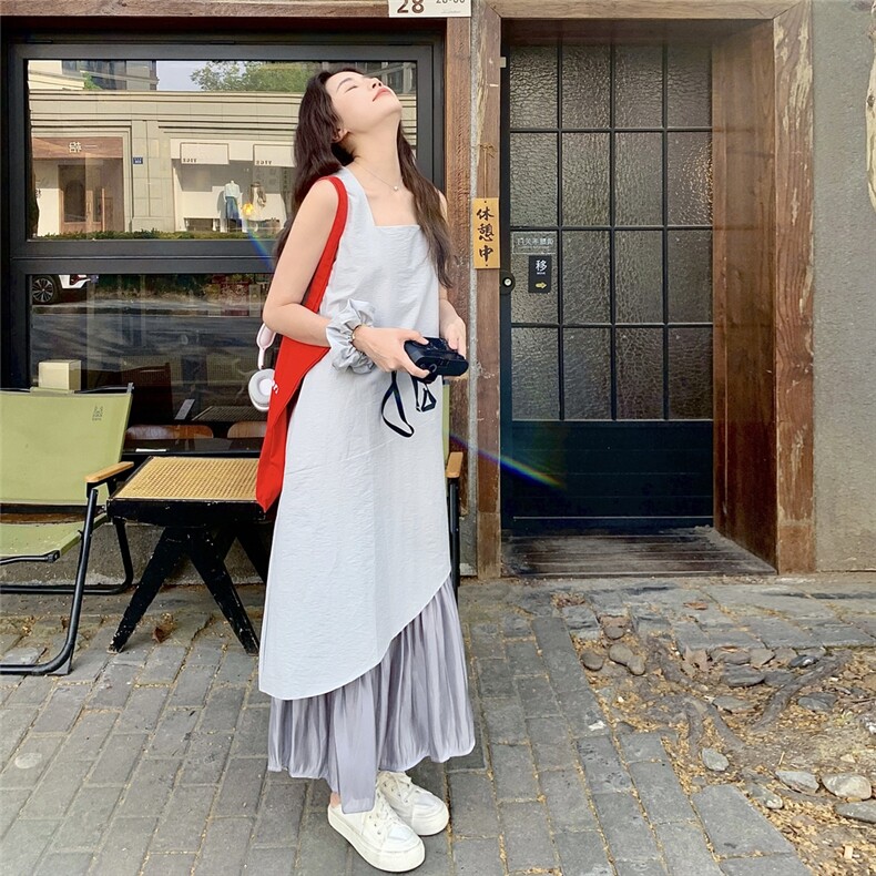 假两件撞色拼接无袖背心连衣裙女夏2025新款独特漂亮绝美显瘦长裙,女装连衣裙,1C071-1