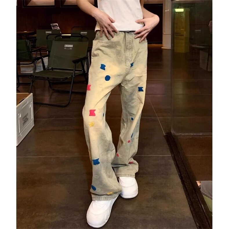 美式水洗做旧牛仔长裤男女宽松秋季款ins刺绣提花做旧水洗牛仔裤,男装牛仔裤,星座506A