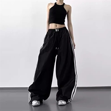 美式运动裤女2025夏季新款薄款蓝色休闲阔腿美式侧边条工装裤子，男装工装外套，星座1210-1