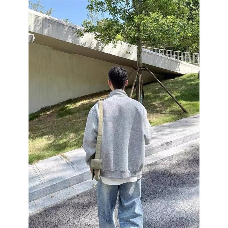 流行美式复古立领开衫拉链卫衣男春秋款灰色宽松休闲外套潮流简约,女装短外套,星座506A