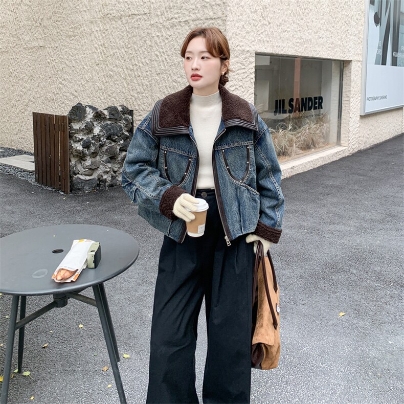 韩系撞色翻领牛仔羽绒服女2025冬季新款高级感气质保暖白鸭绒夹克,女装派克服,2C170