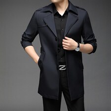 2023春季中长款纽扣风衣中青年男休闲爸爸装翻领纯色夹克外套图片