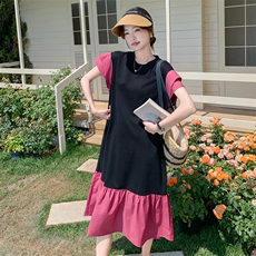 时尚撞色拼接连衣裙女2025夏季新款韩系宽松洋气设计感中长款裙子，女装连衣裙，2C203