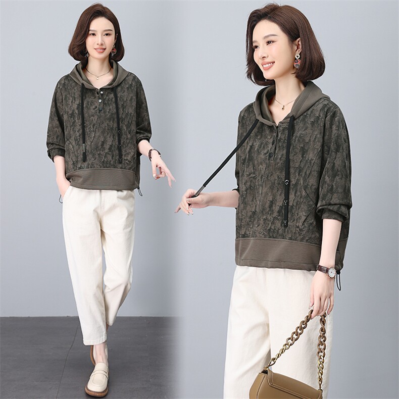 大码2025夏季新款个性韩版短袖连帽T恤拼接九分休闲裤女9027/720，女装卫衣/绒衫，阿丹