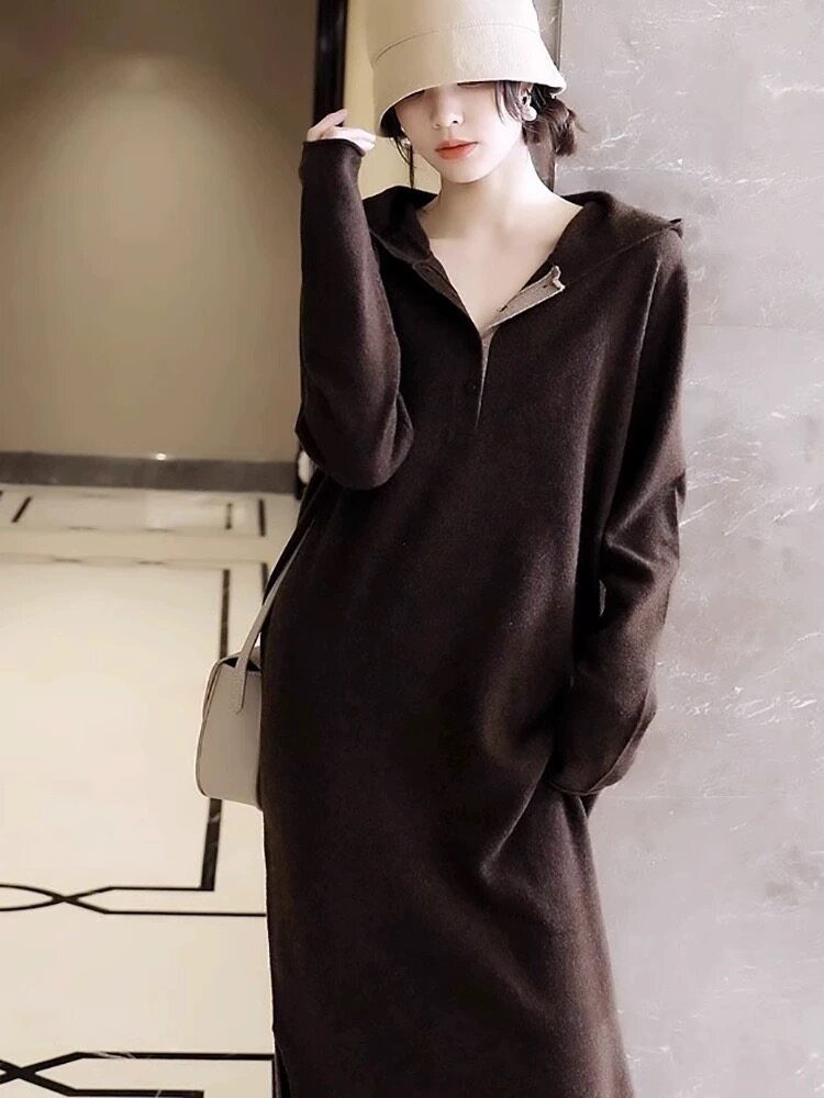 羊毛连帽针织连衣裙女2024年新款秋冬季长袖慵懒范裙子,女装连衣裙,恩泰羊绒