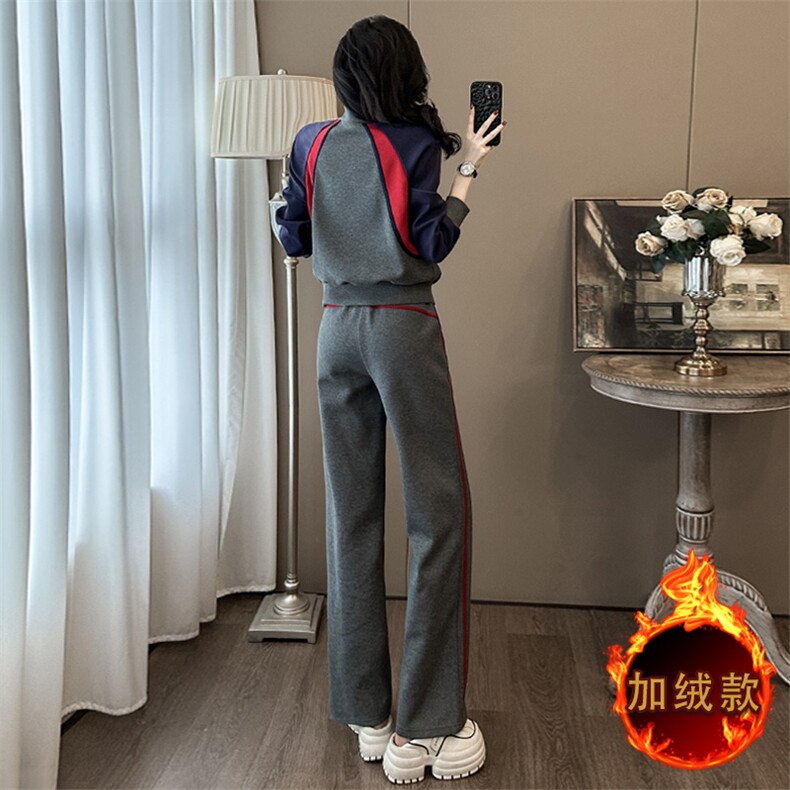 秋冬新款加绒撞色卫衣阔腿裤套装显瘦保暖时尚休闲两件套,女装套装/套裙,江南