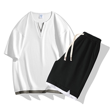 夏季运动套装日系白底休闲百搭时尚短套装CK2410+TC3134-P59控89，男装休闲套装，星座717