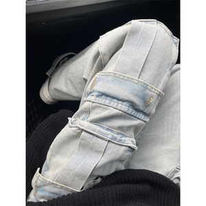 【有货】浅蓝色多口袋工装牛仔裤男款宽松美式裤子K8034LL-特P56图片