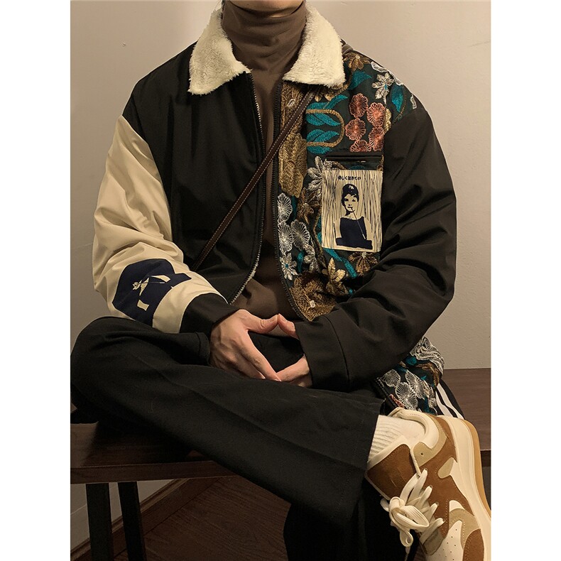 1港风室内刺绣拼接翻领羊羔毛大码M-5XL棉衣外套男8723P110控148，男装棉衣，星座226-2