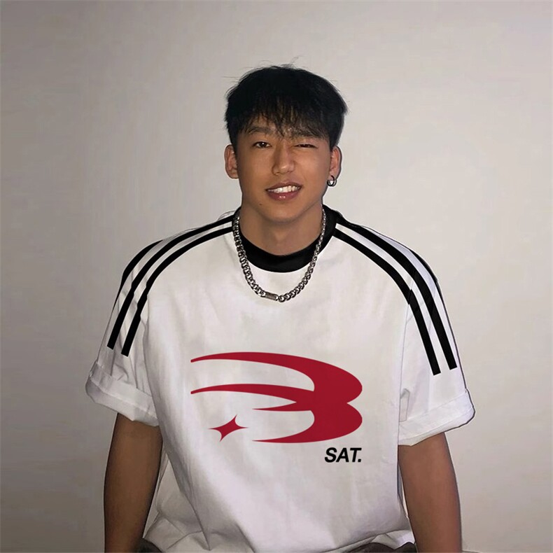 夏季美式高街重磅纯棉三条杠织带撞色男女短袖T恤ZD322-特P30,男装T恤,电商A486
