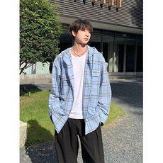 春秋美式高级感上衣连帽格子长袖衬衫男女宽松休闲防晒衬衣外套潮，男装防晒衣，星座516A