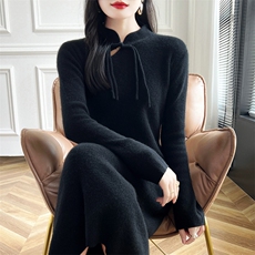 休闲淑女盘扣针织羊毛连衣裙长款女秋冬2024年新款，女装连衣裙，哲奥羊绒