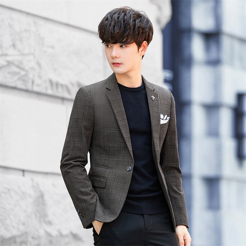 2023外景秋冬新款简约格子男士西服韩版休闲修身套装西装A72P155，男装西服套装，电商A355（原A415）
