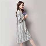 格子棉圆领宽松腰套头2021年夏季五分袖长裙做旧褶皱连衣裙，女装连衣裙，独衣靓