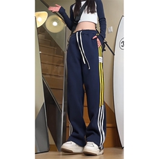 美式条纹休闲裤男冬季加绒加厚宽松直筒运动裤24XK66867J特批45，男装休闲裤，电商A042
