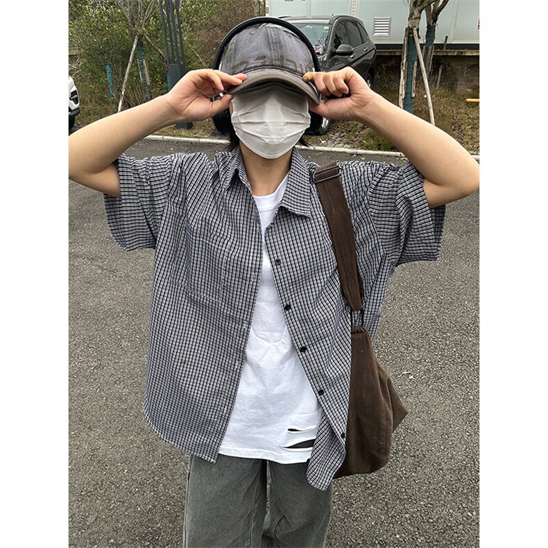 格子衬衫春夏美式短袖衬衫港风情侣装休闲衬衣CS286-P30,男装T恤,星座301C-5