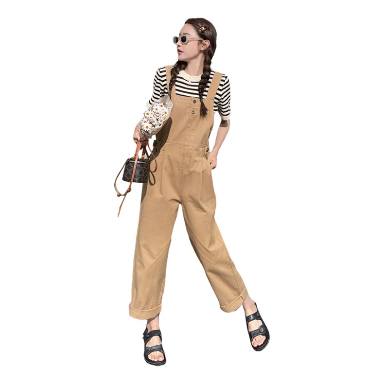 卡其色直筒工装背带裤女2023夏季新款韩版小个子高腰垂感阔腿裤子,女装连体裤,浪娴服饰