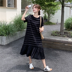 条纹拼接雪纺黑色连衣裙可甜可盐宽松短袖2025夏季新款裙子小个子，女装连衣裙，2C129