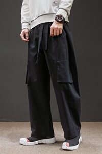 DK89* 2021春秋国风男休闲裤国潮棉麻长裤大码飘带裤 酒红 *P75图片
