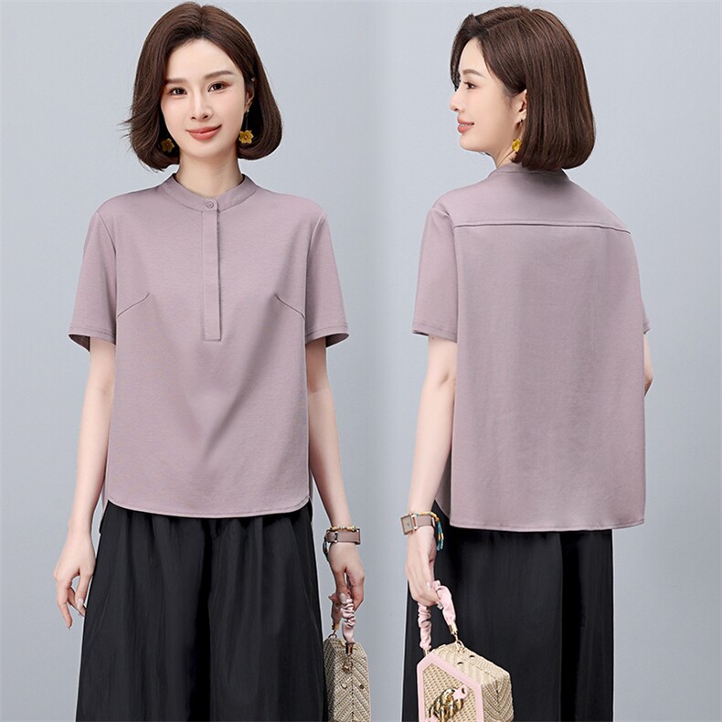 SHUYE原创设计文艺休闲宽松百搭独特裁设计小立领短袖T恤女2025，女装T恤，阿丹