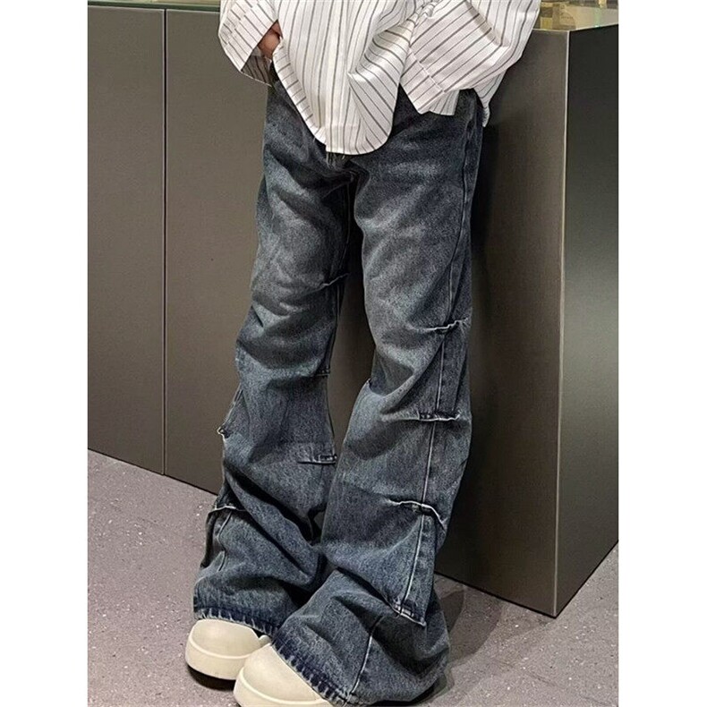 美式复古水洗褶皱设计感牛仔裤男宽松时尚微喇牛仔裤NB51,男装休闲裤,星座1116A（原606A-3）