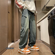 秋冬新款美式复古水洗潮流褶皱直筒牛仔裤B315-K23525-P65控78，男装牛仔裤，电商B315
