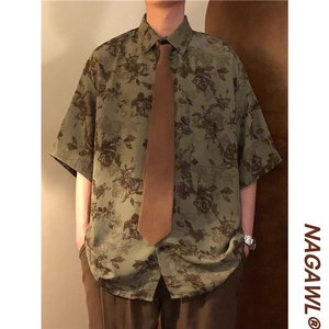 夏季街头复古碎花短袖衬衫女中性港风古着花短袖衬衣上衣外套潮牌