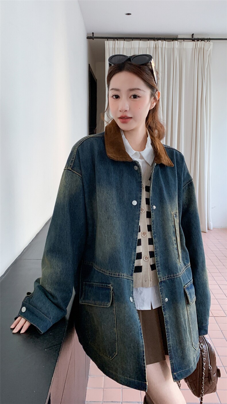新款店里大货复古色中长款牛仔外套p165k268,女装风衣,2C295