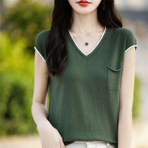V领拼色100%纯棉针织短袖女夏季新款带兜T恤开叉上衣宽松半袖打底图片