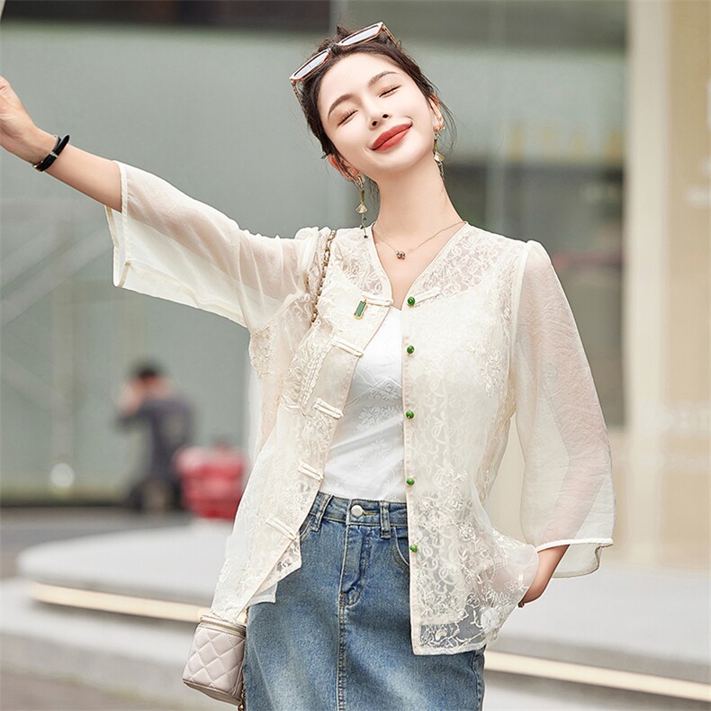 韩版汉服2024年春夏新款新中式蕾丝轻薄上衣衬衣宽松防晒高级感潮,女装防晒衣,难舍钰依