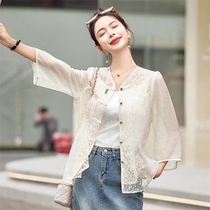 韩版汉服2024年春夏新款新中式蕾丝轻薄上衣衬衣宽松防晒高级感潮图片