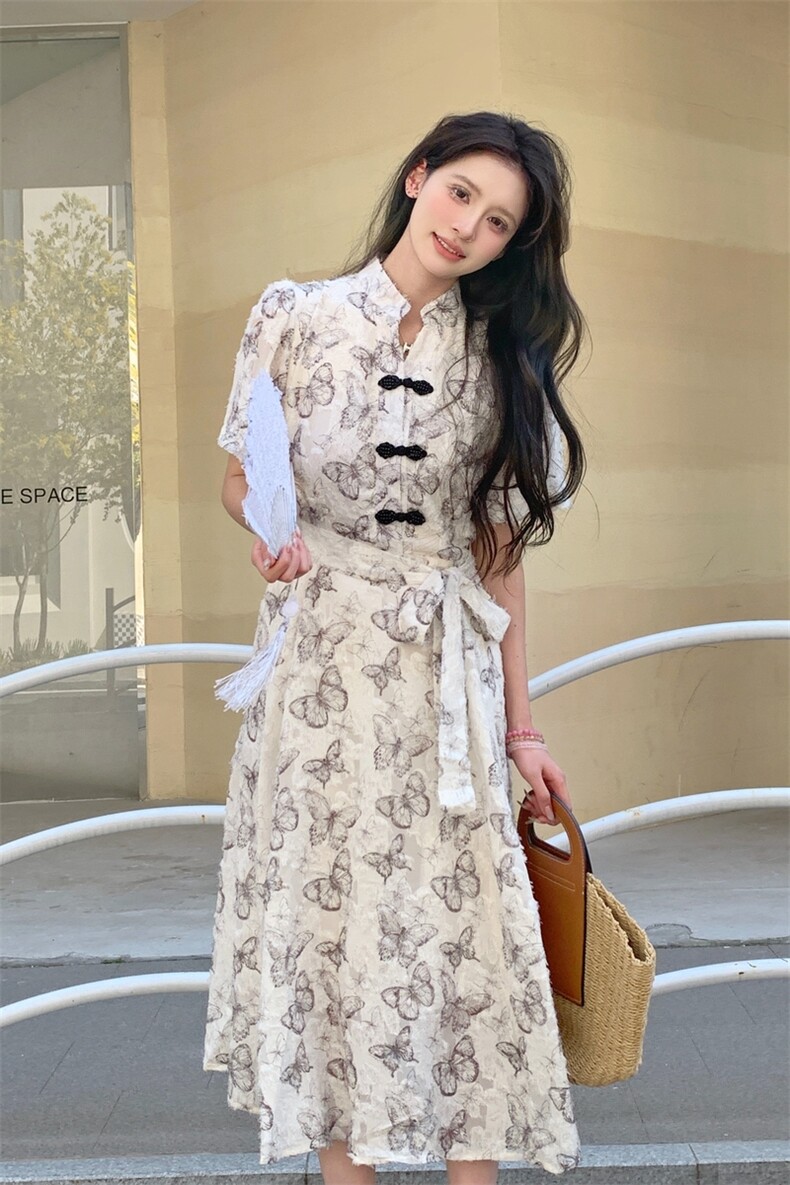 新中式国风蝴蝶印花改良旗袍连衣裙女夏季新款气质收腰显瘦长裙子,女装连衣裙,2C230
