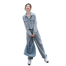 春季新款牛仔时尚两件套女宽松显瘦气质外套+阔腿裤套装，女装套装/套裙，秋水欣儿