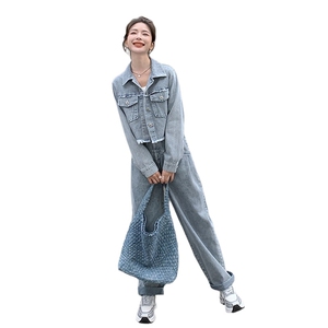 春季新款牛仔时尚两件套女 宽松显瘦气质外套+阔腿裤套装图片