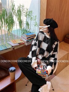 现货 羊毛拉架拼色棋盘格毛衣,女装针织衫/毛衣,东町