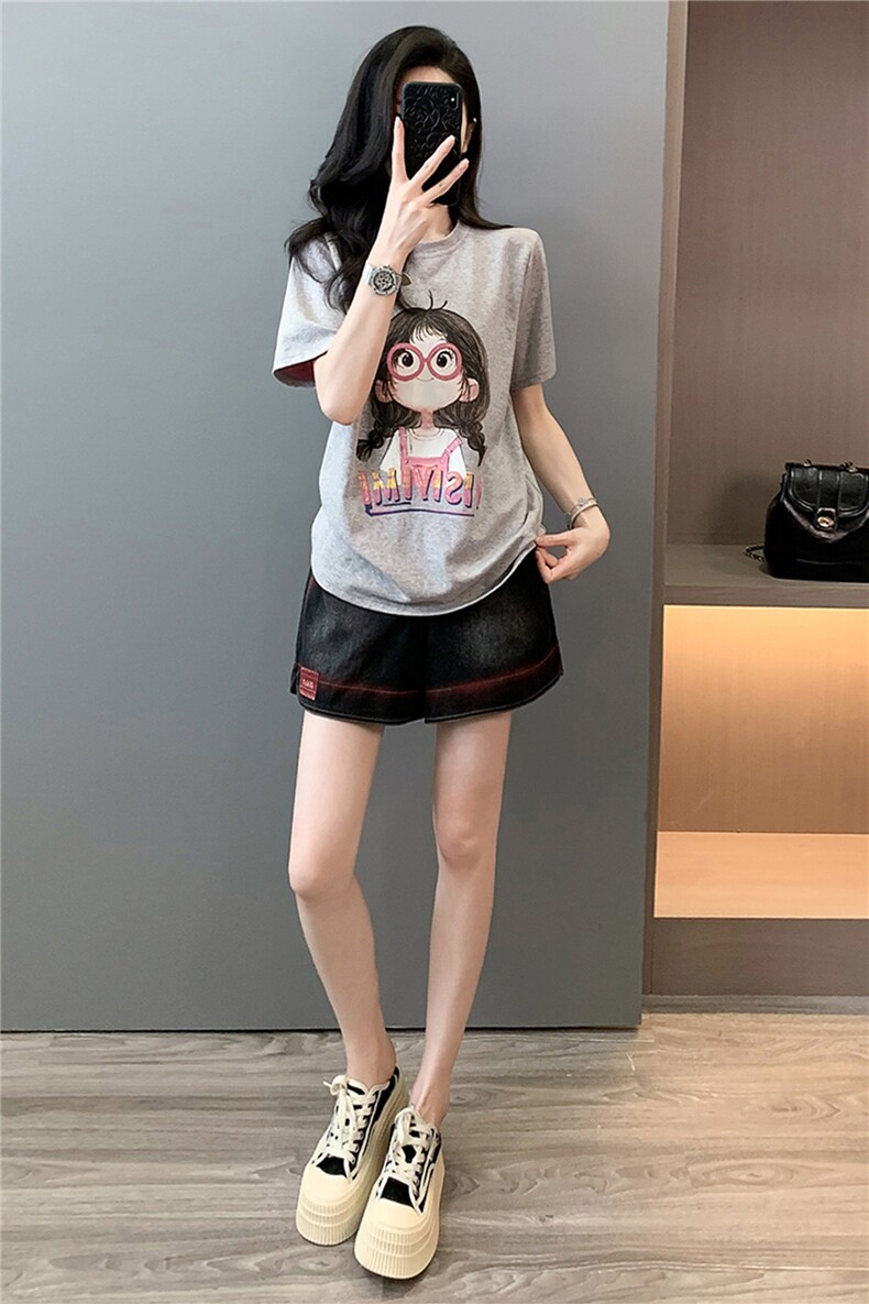 女夏季新款韩版运动休闲套装圆领卡通印花短袖宽松牛仔短裤两件套,女装套装/套裙,江南