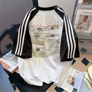 夏季美式高街重磅纯棉三条杠织带插肩撞色男女短袖T恤CZ113-特P25图片