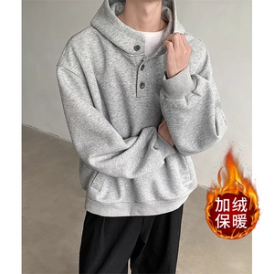 重磅纽扣连帽加绒卫衣男设计感宽松慵懒外套美式重磅上衣,致命旅行穿搭女微胖图片