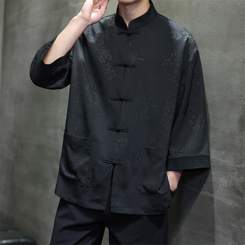 2025夏季新款男士风竹子提花衬衫宽松大码立领上衣CS2503-P70,男装衬衫,电商A008