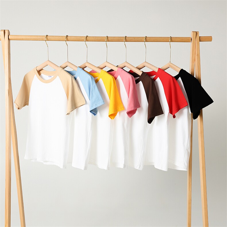 高品质夏季儿童纯棉T恤插肩拼色新款短袖精梳棉男女童宽松打底衫，童装T恤，初丹羊绒童装